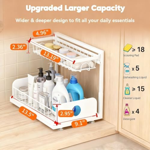 Under Sink Organizer, 1 Pack Under Kitchen Cabinet Organizer, Height Adjustable Pull Out Mute Slide-Out 2 Tier Metal Under Sink Storage for Bathroom, Pantry, Kitchen & Bedroom (White, 1 Pack)