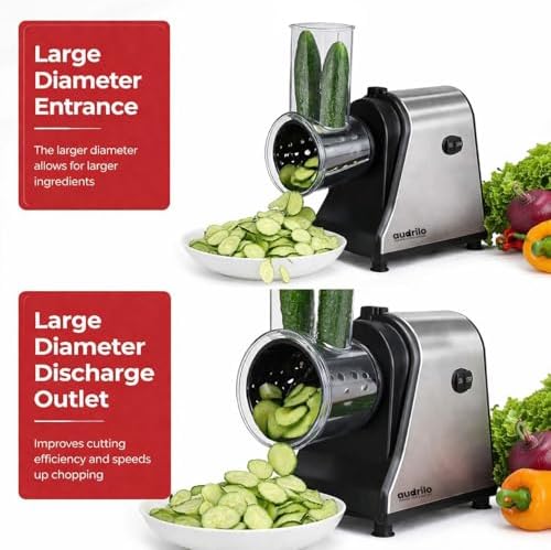 AUDRILO Electric Salad Maker & Cheese Grater, 5-in-1 Electric Vegetable Slicer with Interchangeable Stainless Steel Blades, Electric Food Processor for Cheese, Fruits & Vegetables, Electric Grater - Image 5