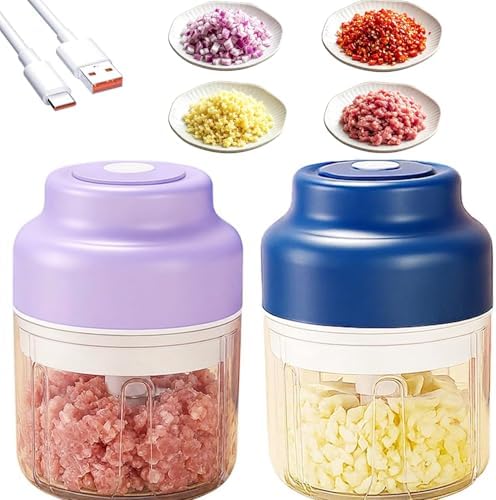 Mini Electric Garlic Chopper & Mini Portable Veggie Chopper, Household Electric Garlic Crusher, 6 Blades Electric Food Chopper for Garlic, Onion, Ginger, Chili, Spices and Fruit (Blue+Purple) by Unknown