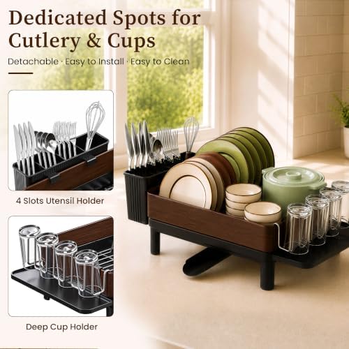 Dish Drying Rack Kitchen Counter — Walnut Look Stainless Steel, 16.6"x12.5"