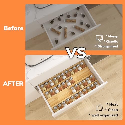 Bamboo Spice Drawer Organizer with Non-slip Mat,4 Tier - 2 Set Jar Spice Rack Tray From 9.5''to 19'', Seasoning Organizer for Kitchen,Cabinet,Drawers,Countertop