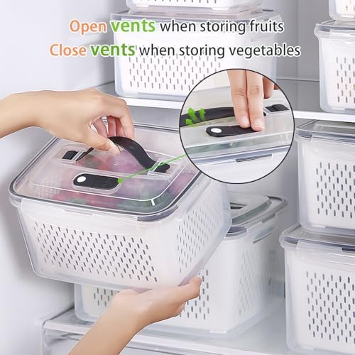 Fruit Storage Containers for Fridge with Colander, Vent, Handle Lids