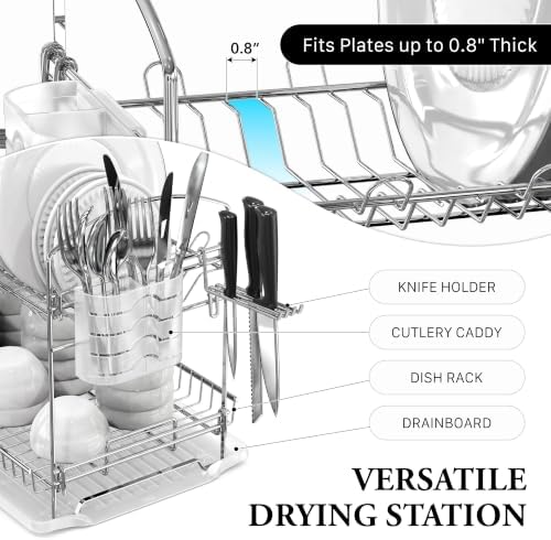 2-Tier Stainless Steel Dish Rack with Drainboard, Chrome