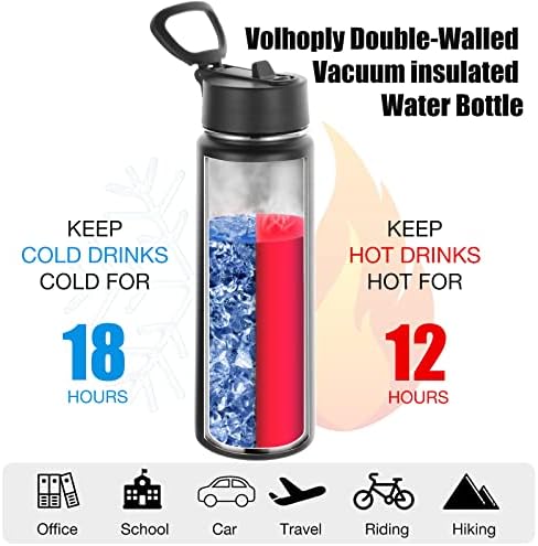 24oz Insulated Water Bottle with Straw Lid, Black, 8-Pack