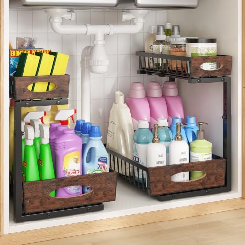 2-Tier Under Sink Organizer with Wooden Drawer Handle, 2 Pack Adjustable Height Pull Out Cabinet Organizer Shelf,Slide out Storage Drawer Rack for Kitchen Bathroom Laundry Room Pantry