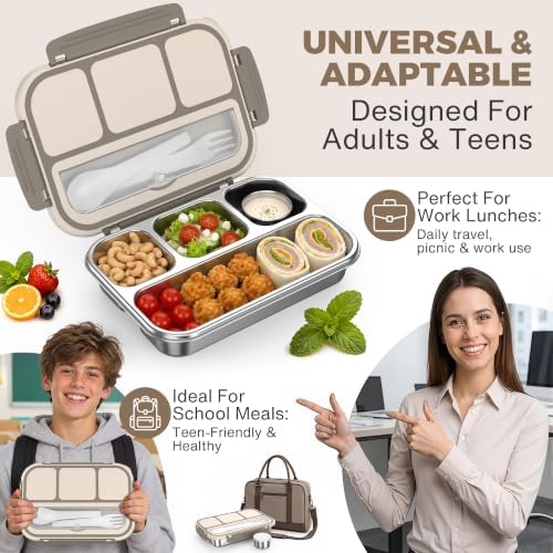 Stainless Steel Bento Box Adult, Leakproof Metal Lunch Box Containers 4 Compartments, 32 Oz Reusable Food Storage Containers for Office and Work, Brown