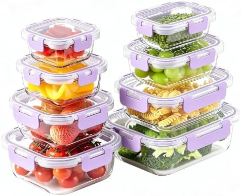 8 Pack Glass Food Storage Containers with Snap Locking Lids for Meal Prep