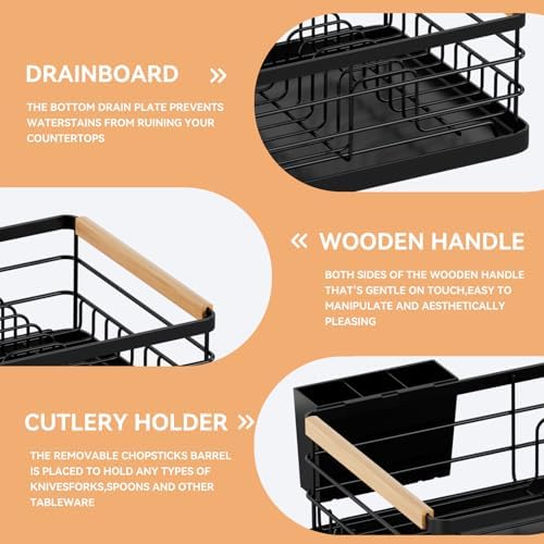 Dish Drying Rack, Dish Racks for Kitchen Counter, Stainless Steel Dish Drainer with Removable Cutlery Holder & Drainboard, Black