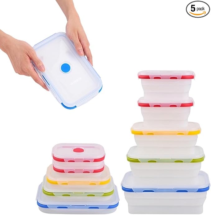 ECOBERI Collapsible Food Storage Containers, Silicone 5 Piece Set, 12/17/27/40 oz, BPA-Free Meal Prep Containers with Airtight Lids, Space-Saving, Freezer and Dishwasher Safe