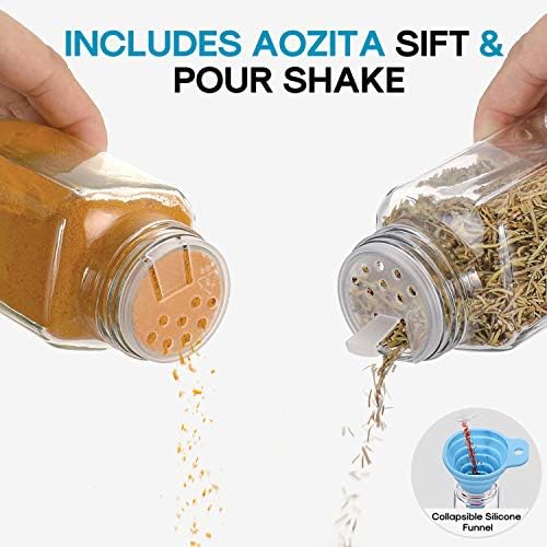 14 Pcs Glass Spice Jars with Spice Labels - 4oz Empty Square Spice Bottles - Shaker Lids and Airtight Metal Caps - Chalk Marker and Silicone Collapsible Funnel Included