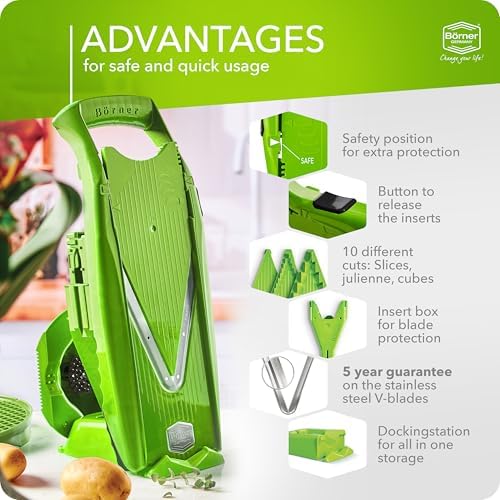 Mandoline Food Slicer Börner V5 (Profi Set) by Reston Lloyd • V-Slicer with 4 Inserts, Docking Station & Food Holder • Made in Germany • Fruit & Vegetable Chopper • Multiple Settings • Color: Lime - Image 4