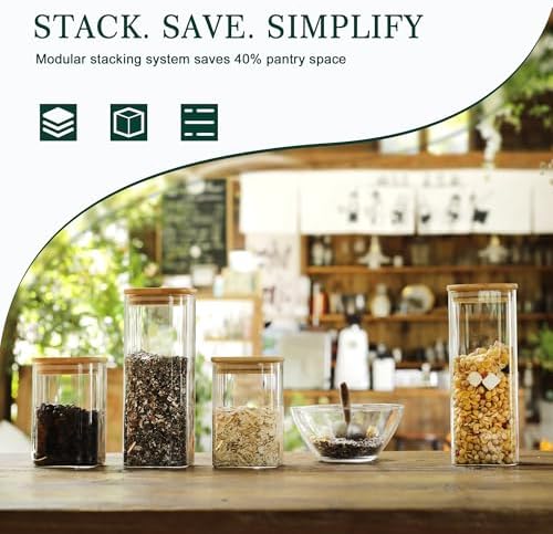 12-Pack Square Glass Storage Jars with Bamboo Lids (0.6Qt/1.06Qt) - Stackable Food Containers for Pantry Organization, Coffee, Flour, Snacks, Tea | Kitchen Canisters Set