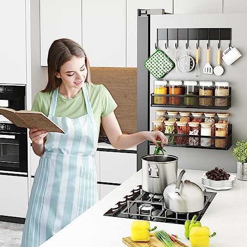 Magnetic Spice Rack for Refrigerator, 3 Pack Magnetic Shelf, Moveable Fridge Organizer with 8-Hook Rack, Seasoning Organizer for Kitchen