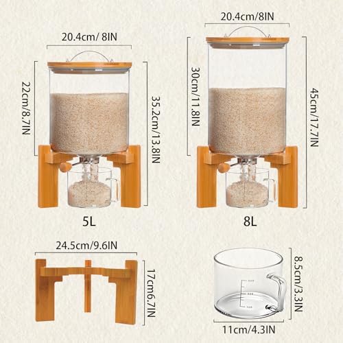 Rice Dispenser, Rice Storage Container, Flour and Cereal Container for Kitchen Organization and Pantry Store, Glass Cereal dispenser with Airtight Lid and Wooden Stand 5L