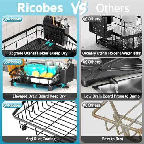 2 Tier Dish Drying Rack for Kitchen Counter, Large Capacity, Black