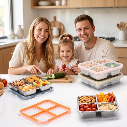 4 Pack Stainless Steel Snack containers, Leak-Proof, 4 Compartments, 3 Cups