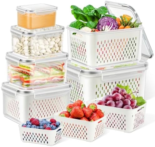 12 Pieces Fruit Storage Containers for Fridge Organizers and Storage, 6 Pack Large Produce Saver with Airtight Lid & Colander for Berry Lettuce Salad Vegetable Storage, Refrigerator Organizer