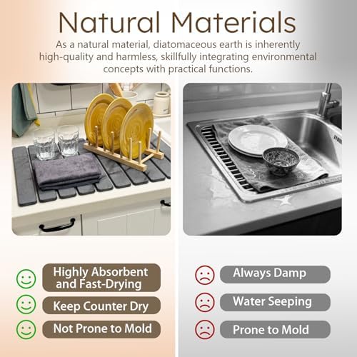 Large Stone Dish Drying Mat for Kitchen Counter, Collapsible Marbled Quick-Dry Diatomaceous Earth Mat with Dish Rack and Towel, Versatile Drying Mats for Kitchen Utensils (Dark Gray 23.6"×15.4")