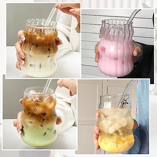 2 Pcs Ribbed Glass Cups 18 Oz Vintage Drinking Glassware Ripple Cocktail Glasses for Iced Coffee Juice Beverage Milk