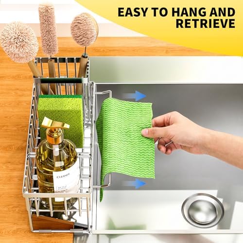 Kitchen Sink Caddy Organzier with High Brush Holder, Sponge Holder for Sink, 304 Rustproof Stainless, Kitchen Countertop Soap Dispenser Organizer (Silver With Towel Rack, 9.25″)