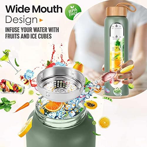 Glass Water Bottles 32 Oz with Silicone Sleeve - BPA Free Reusable Wide Mouth Glass Motivational Water Bottles with Fruit Infuser – Leak Proof Borosilicate Water Bottle with Time Marker (Green)