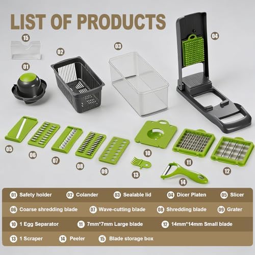 Vegetable Chopper with Container Cheese Grater Mandoline Slicer Cabbage Shredder for Veggie Onion Potato Fruit Food, Includes Egg Separator & Vegetable Peeler, Manual Hand Cooking Gadget for Kitchen - Image 3