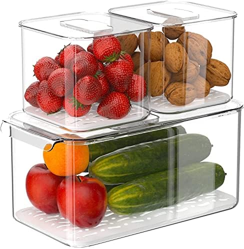 Food Storage Containers Produce Saver with Lids, Stackable Refrigerator Freezer Organizer Bins with Removable Drain Tray, Fridge Fresh Keeper for Veggie, Berry, Fruits, Vegetables 3 Pack