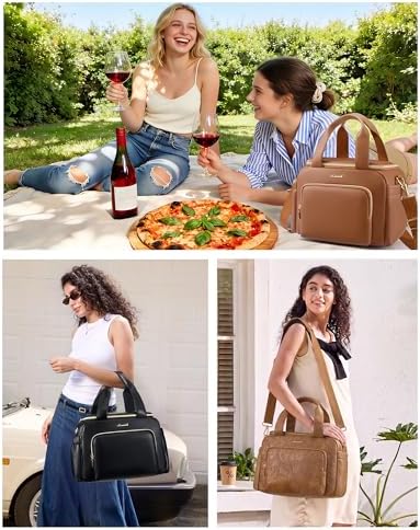 Insulated Lunch Bag for Women, PU leather Lunch Box with Shoulder Strap, Wide Opening Adult Large Lunch bags for Work Picnic Beach Family Camping Outdoor Teacher