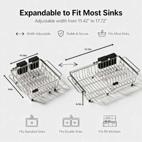 Expandable Dish Drying Rack Over & in Sink with 2 Utensil Holders
