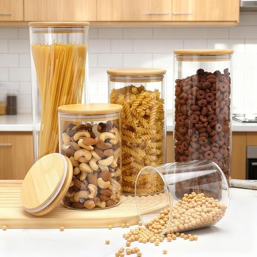 5 Pack Airtight Glass Jars with Bamboo Lids, Glass Food Storage Containers