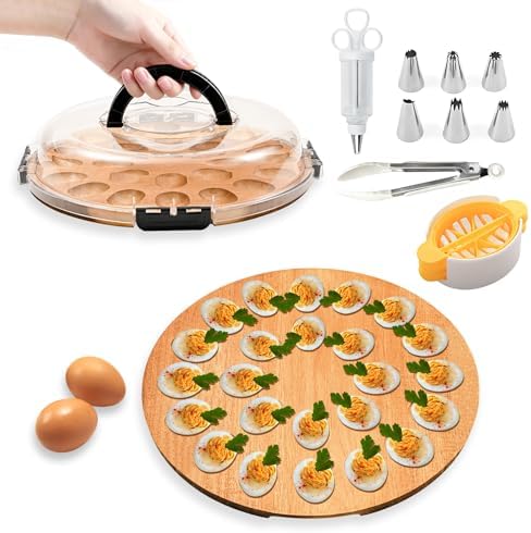 Deviled Egg Containers with Lid, Deviled Egg Platter with 24 Slots, Wooden Devil Eggs Tray, Portable Devil Eggs Holder Organizer with Injector Piping, Slicer, Clip, for Easter, Party, Picnic