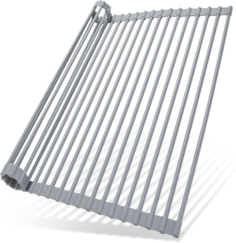 Over Sink Dish Drying Rack Silicone Wrapped 17.6" W x 15.4" L Large Over the Sink Roll Up Dish Drainer - Foldable Sink Drying Rack Rolling Drain Mats Anti-Slip Multipurpose for Kitchen Counter
