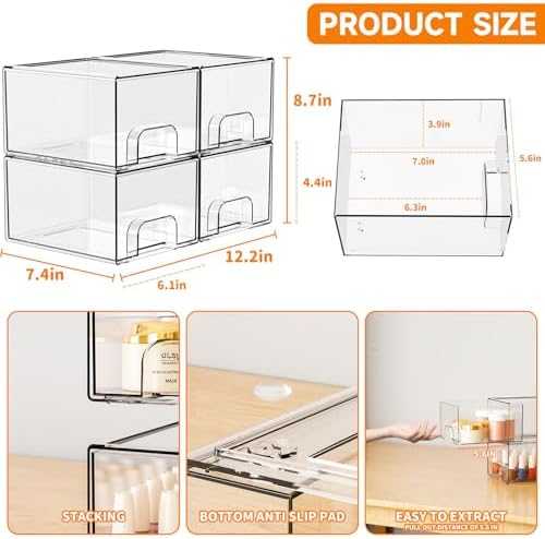 4 Pack Clear Stackable Storage Drawers,4.4'' Tall Acrylic Drawers