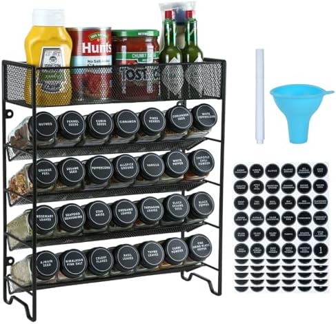 Spice Rack Organizer with 28 Spice Jars, Black Lids, Spice Labels