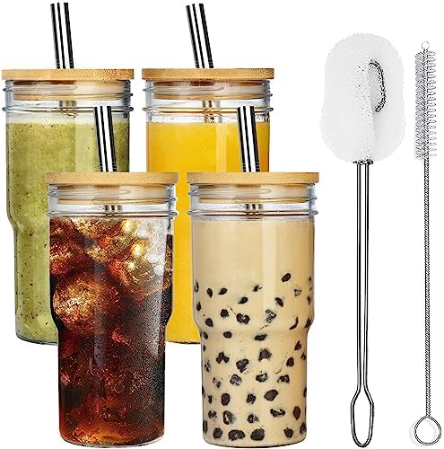 4-Pack Glass Cups with Bamboo Lids and Straws, 22oz Mason Jar Glass Tumbler, Reusable Boba Cups, Iced Coffee Drinking Glasses for Bubble Tea, Smoothies, Juice - 2 Cleaning Brush