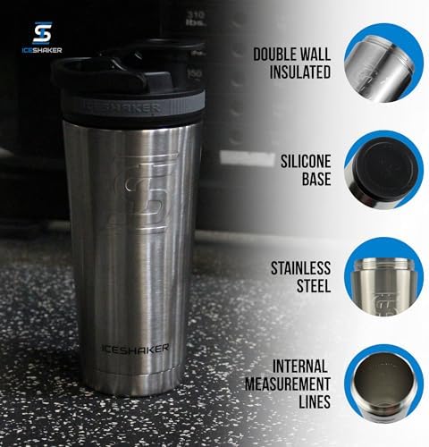 Insulated Stainless Steel Shaker Bottle | 26oz, Stainless Steel | Cold for 30+ Hours | Insulated Cup with Twist-on Agitator | Odor-Free Bottle for Protein Shakes, Water, Cocktails