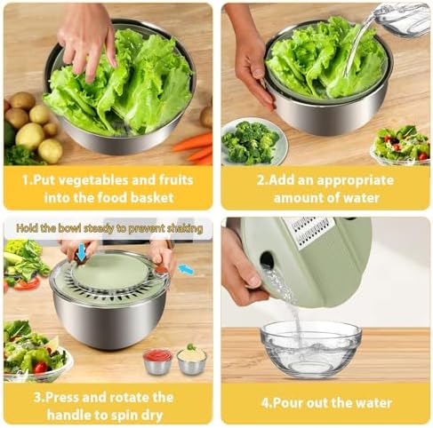 KITHELP Stainless Steel Salad Spinner Large, Vegetables Fruits Wash Bowl with Strainer, Lettuce Spinner Dryer for Efficient Salad Preparation 5.3Qt - Image 5