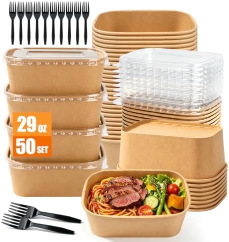 50 Pack 29oz Large Disposable Meal Prep Containers With Lids and Forks, Leak-Proof, Freezer & Microwave Safe Take Out Containers, Sturdy Disposable Kraft Bowls For Salad, Noodles & Meal Prep