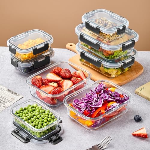 10 Pack Glass Food Storage Containers with Lids, Meal Prep Containers, Airtight Bento Boxes with Leak Proof Locking for Microwave, Oven, Freezer and Dishwasher, BPA Free