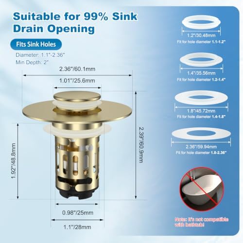 Universal Bathroom Sink Drain Strainer, 3 in 1 Pop Up Stopper
