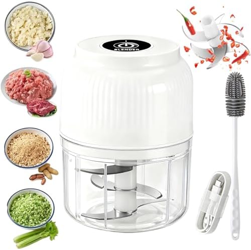 Electric Garlic Chopper, 320ML Mini Portable Veggie Chopper with 6 Sharp Blades, Rechargeable Electric Food Chopper Tool, Wireless Veggie Grinder, for Onions Ginger Chili Nuts Meat (White*1) by DDRIC
