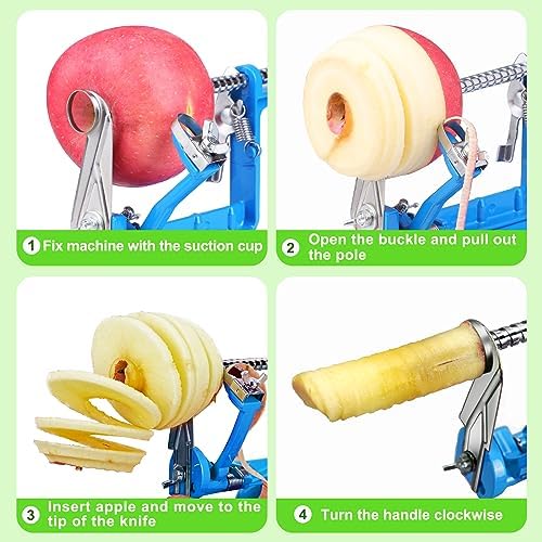 Apple Peeler Corer, Long lasting Chrome Cast Magnesium Alloy Apple Peeler Slicer Corer with Stainless Steel Blades and Powerful Suction Base for Apples and Potato(Lake Blue)