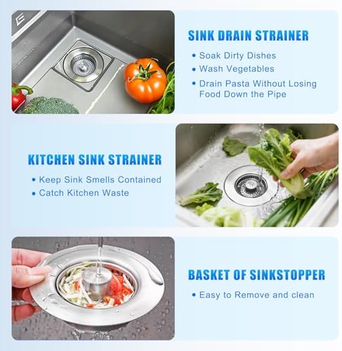 Kitchen Sink Drain Strainer 3-in-1,Pop-Up Stopper & Anti-Clogging Basket - 304 Stainless Steel Sink Strainer Anti-Clogging Sink Drain Strainer for US Standard Kitchen Drain