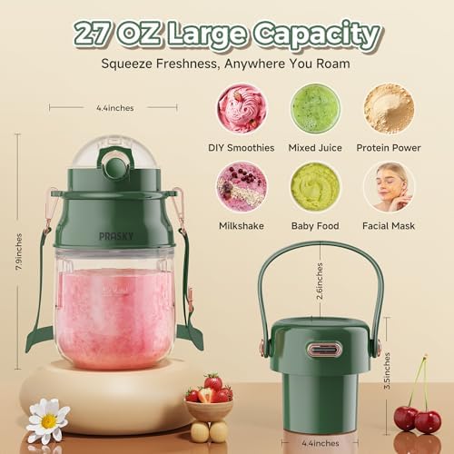 Portable Blender, Prasky Personal Blenders for Shakes and Smoothies with 27oz Cup, Lid and Shoulder Strap, Type-C USB Rechargeable, Personal Size Blenders BPA-free for Travel/Kitchen(Green) - Image 4