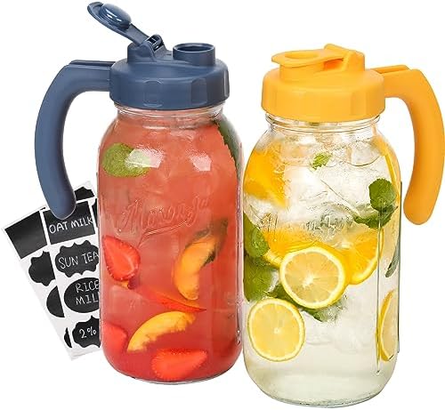 2 Quart Glass Mason Jar Pitchers with Lids, Navy & Yellow, 2 Pack