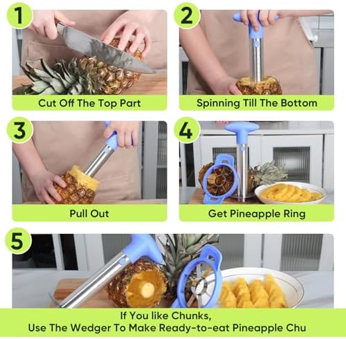 Pineapple Corer Cutter, Stainless Steel Fruit Pineapple Peeler Slicer [Upgraded, Reinforced, Thicker Blade], Pineapple Core Remover with Measure Mark, for Diced Pineapple Ring (Blue)