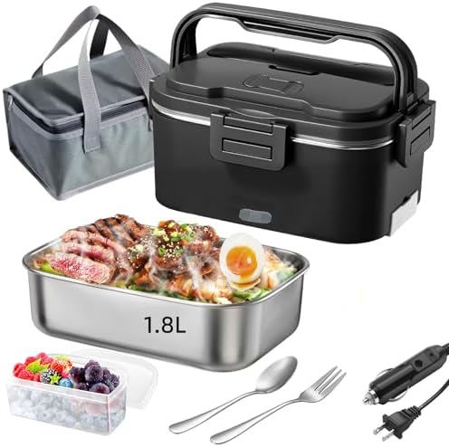 Electric Lunch Box for Adults 100W 1.8L Portable Heated Lunch Box 12V/24V/110V, Portable Fast Heating Lunchbox Food Heater for, Car Truck Office Home(Black)