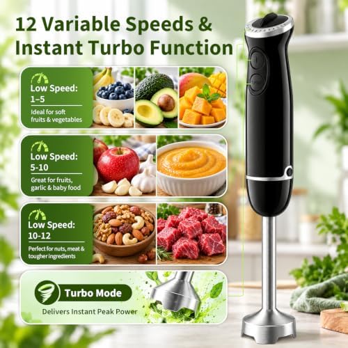 5-in-1 Immersion Blender Handheld 1000W, 12-Speed Hand Mixer, Black - Image 6
