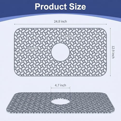 Silicone Sink Protectors for Kitchen Sink, 24.8"x12.9" Kitchen Sink Grid Accessory, Heat-Resistant, Non-Slip Silicone Grid Mat for Bottom of Stainless Steel & Farmhouse Sinks, Center Drain (Gray)