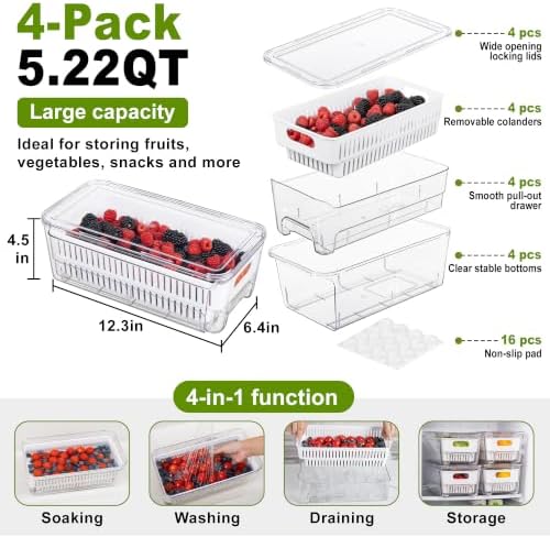 4-Pack Fruit Storage Containers for Fridge, Pull-Out Drawers with Colanders